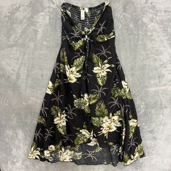 Sunny Island Hawaii Hawaiian Butterfly Dress Floral Palms Black Smocked Sz Med - Picture 1 of 9